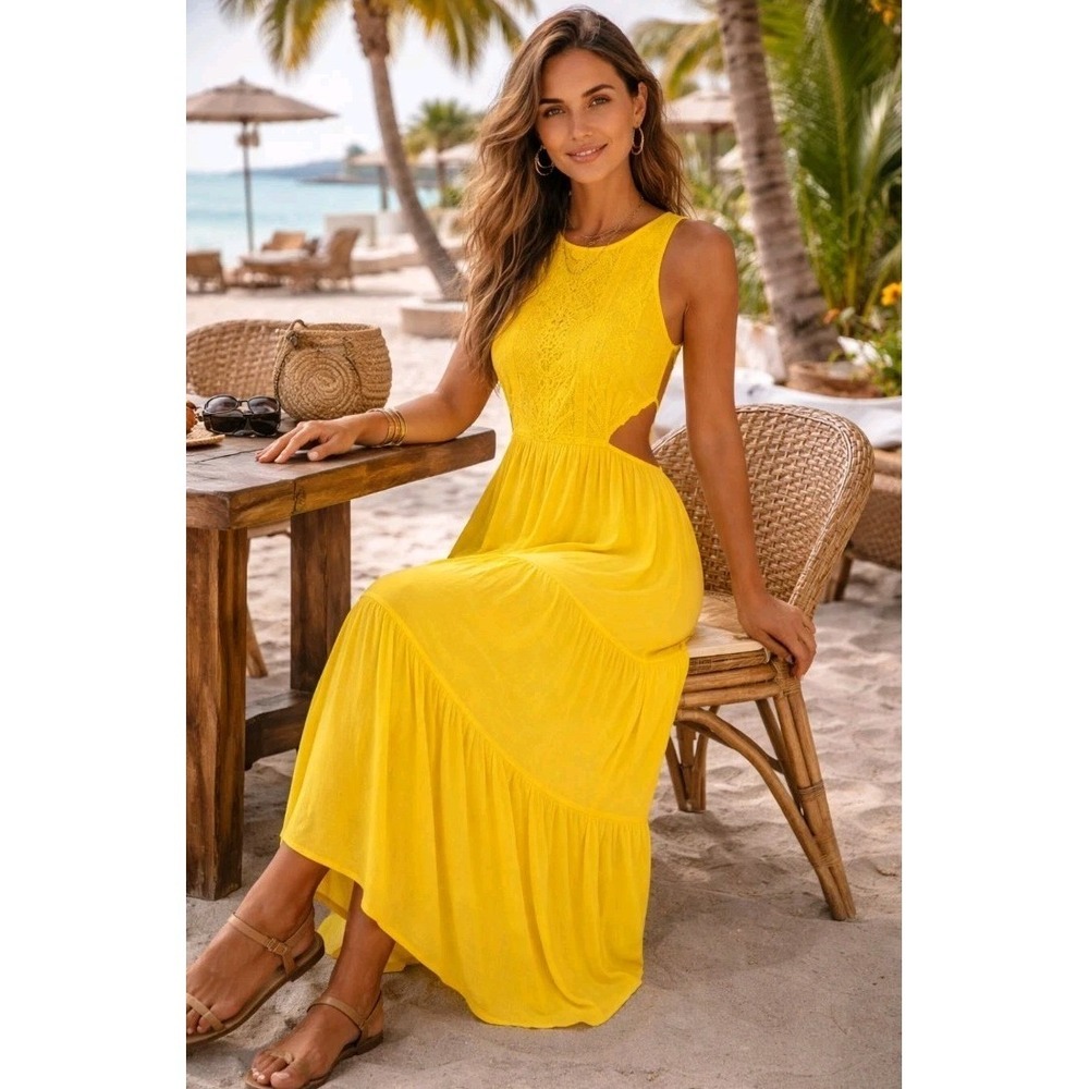 DESIGUAL Yellow EMBROIDERED TEXTURED CUTOUT‎ MAXI Dress Boho Sleeveless Resort S